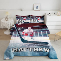 Indigo violet ice hockey goalie player sports bedding set displayed neatly on a bed in a modern youth bedroom