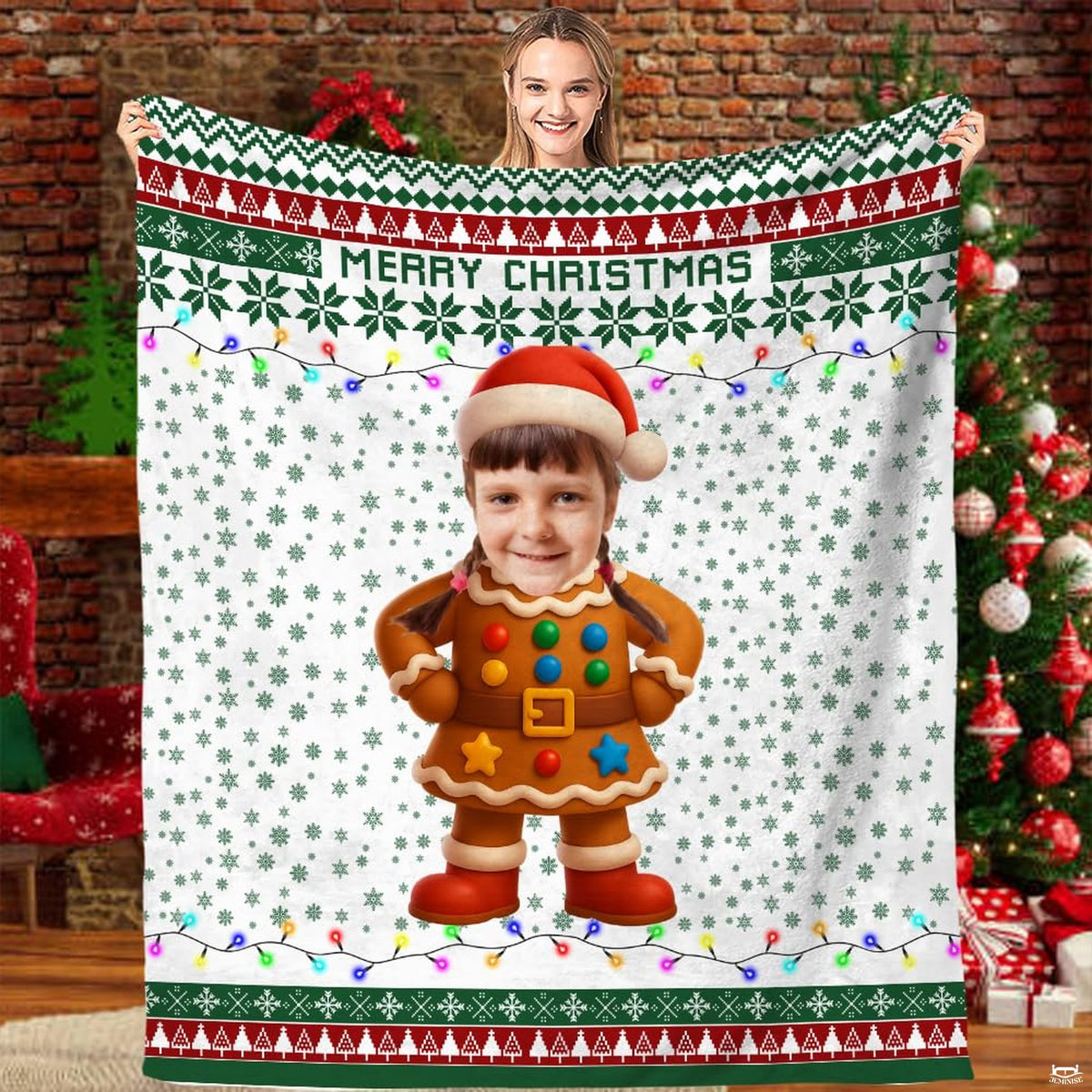 Gingerbread cookie character in Santa hat with Fair Isle snowflake borders on holiday throw blanket