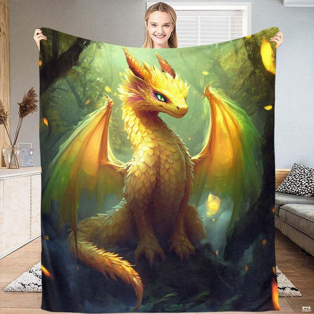 Golden forest dragon fantasy throw blanket featuring glowing gold dragon with emerald eyes in woodland