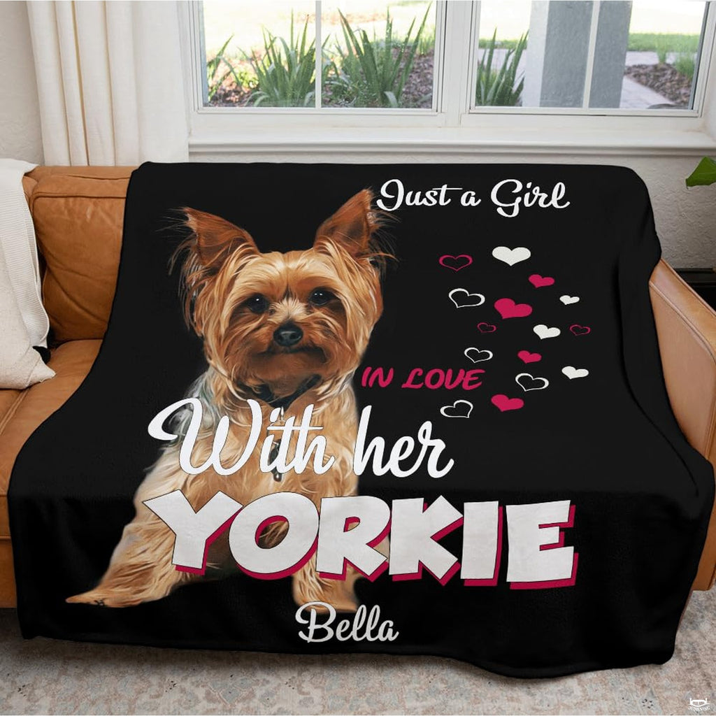 Full flat overhead view showing the complete Yorkshire Terrier pup and hearts composition.