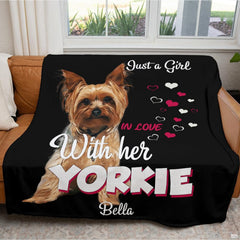 Full flat overhead view showing the complete Yorkshire Terrier pup and hearts composition.