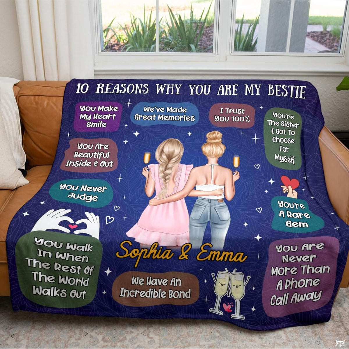 Best friend design with two girls toasting champagne and ten friendship reasons on navy background, view 8.