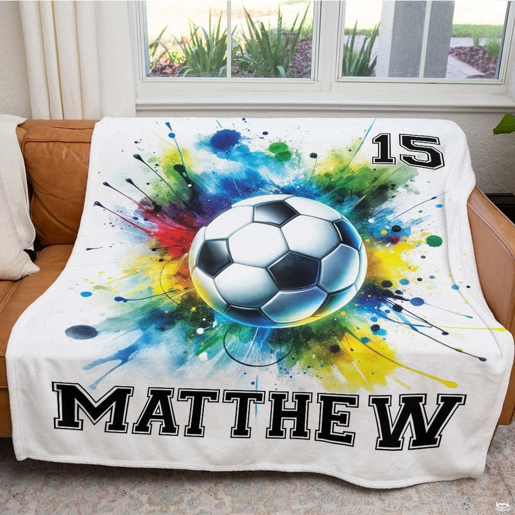 Angle view of colorful athletic soccer splash illustration bringing lively colors into festive youth decor.