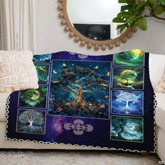 Detailed view of planetary orbs and moonlit forest vignettes on sacred tree collage throw blanket