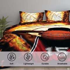 Corner angle view of sports bedding illustrating intense color contrast between blazing fire and deep black
