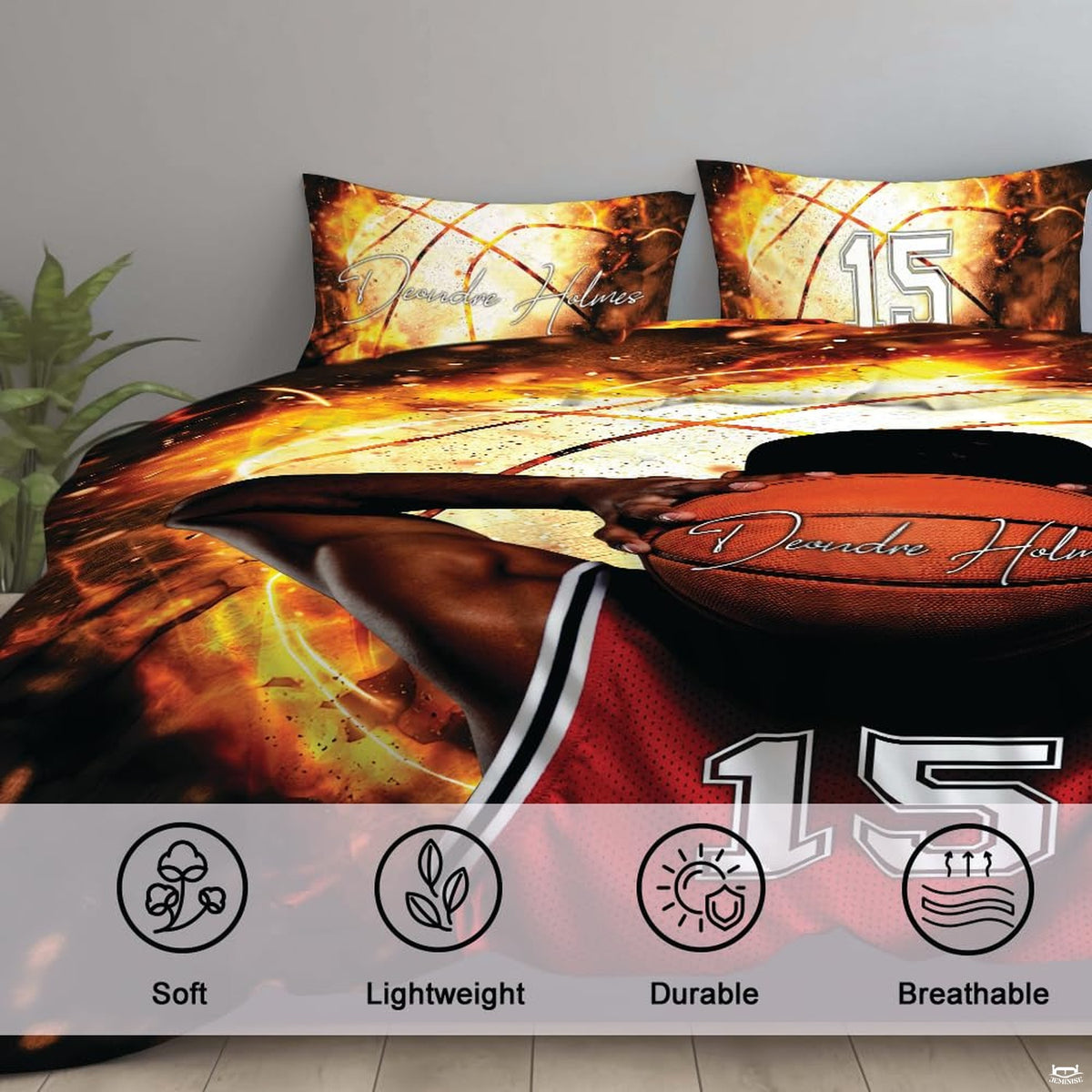 Corner angle view of sports bedding illustrating intense color contrast between blazing fire and deep black