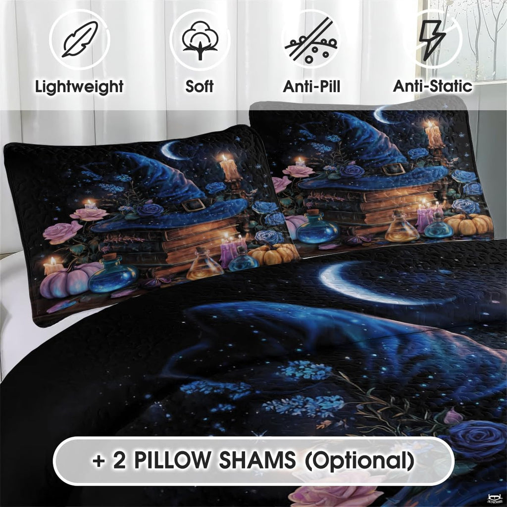 Close view of witch hat and moon pillow artwork
