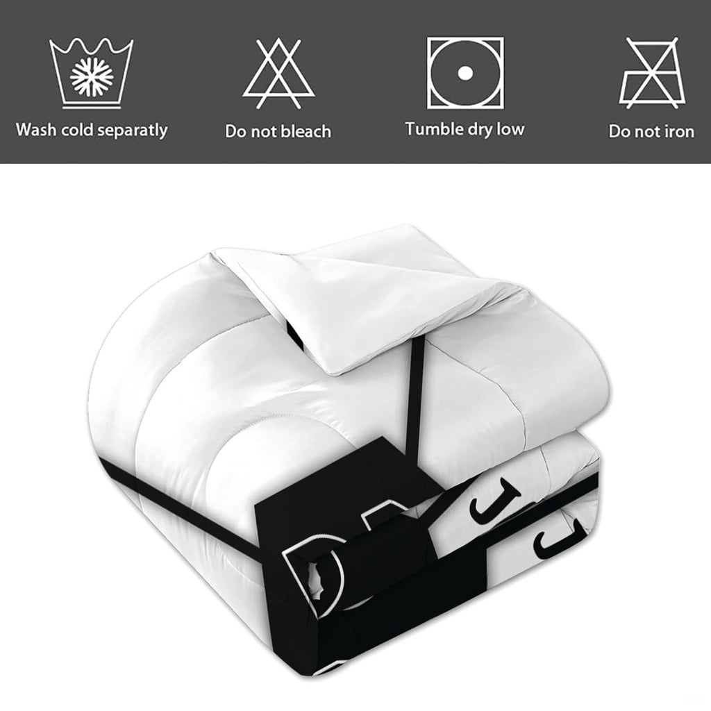 Angled perspective of geometric soccer bedding displaying varsity athletic numbering accents
