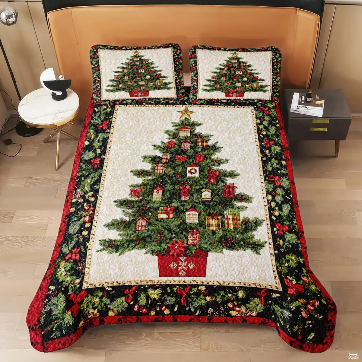 Full bedroom display of evergreen wreath and snowman bedding styled with festive winter room decor