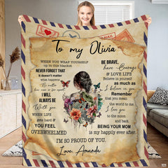 Mother daughter airmail throw blanket featuring antique parchment letter, garden flowers, and butterflies