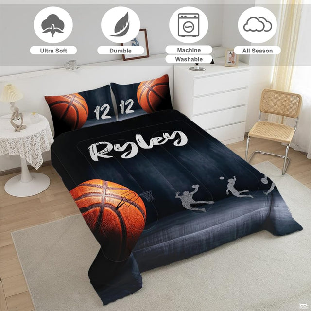 Close-up view of basketball bedding showcasing grey hardwood court textures and silver free-throw lines