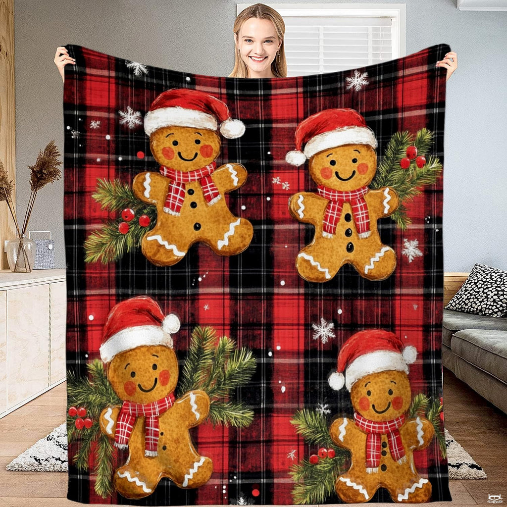 Christmas plaid bedding set featuring gingerbread men in Santa hats on buffalo check.