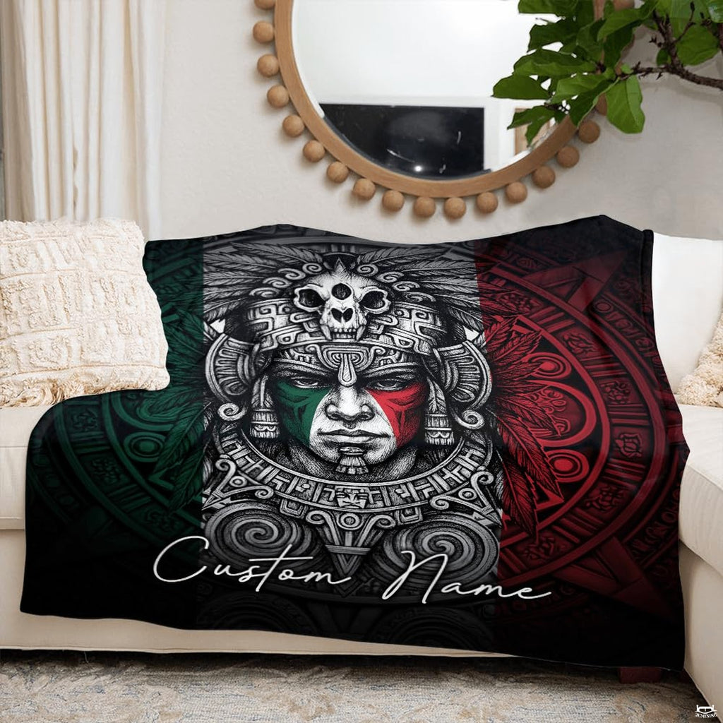 Bedding display showcasing Mexican flag tricolor palette with detailed Aztec calendar sundial.