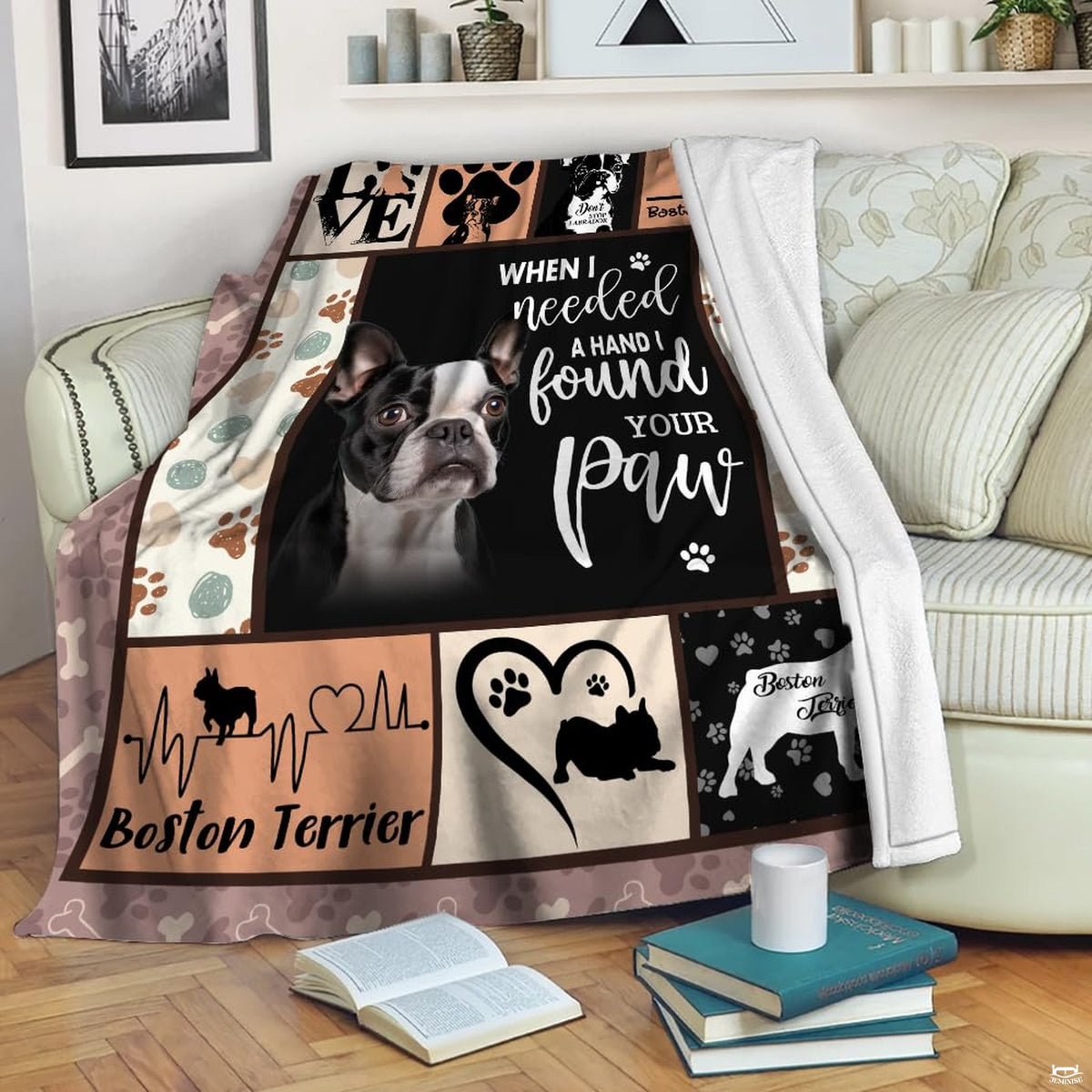 Artistic canine portrait bedding set with paw print graphics and beige earth tone accents.