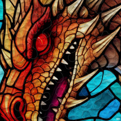 Close-up of orange dragon scales, red eye, ivory horns and black mosaic outlines