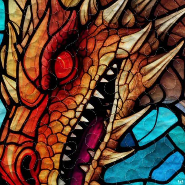 Close-up of orange dragon scales, red eye, ivory horns and black mosaic outlines