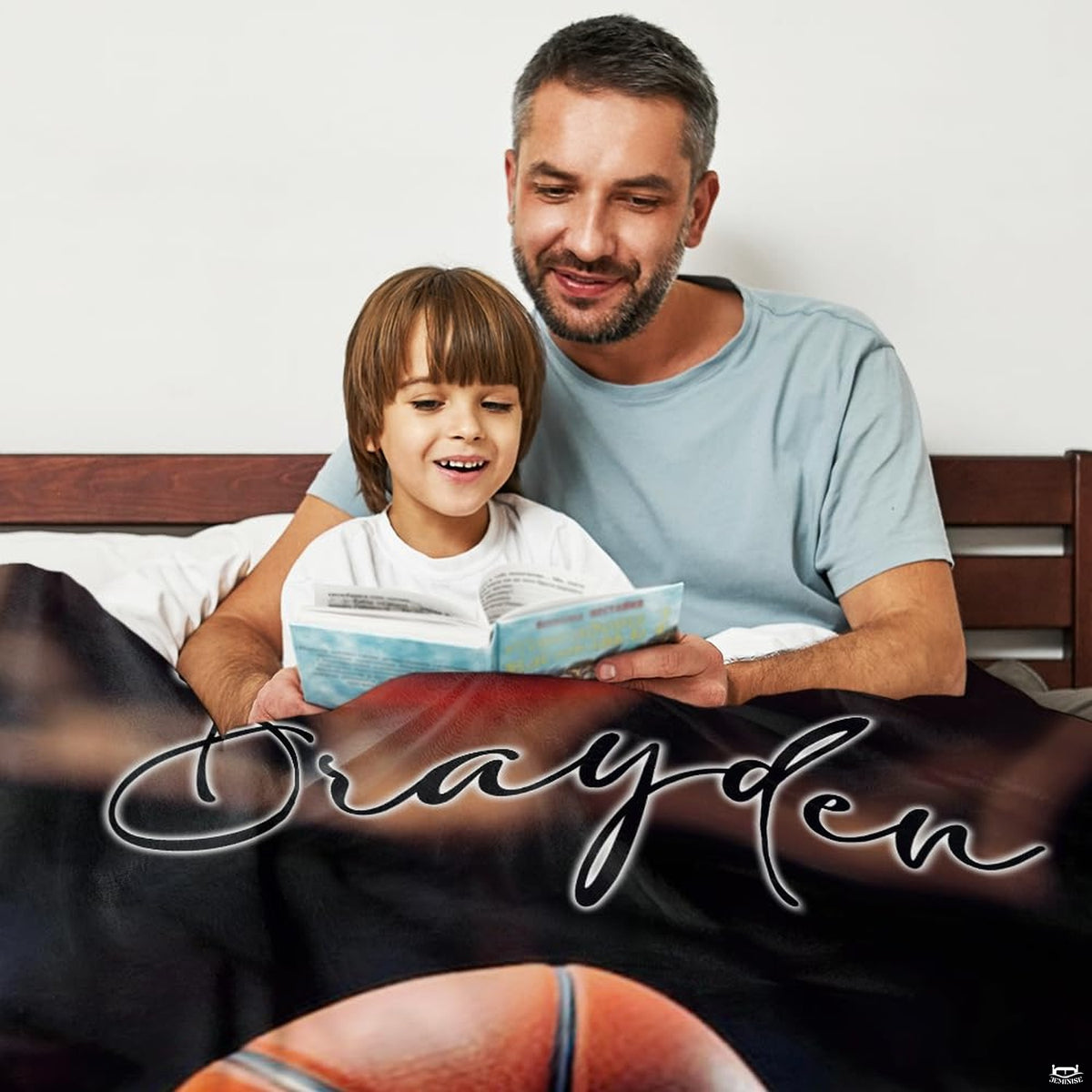 Close-up perspective of textured basketball and wooden planks on throw blanket