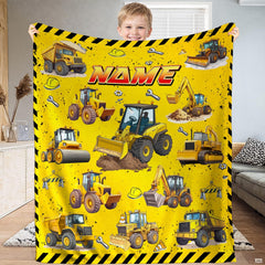 Yellow construction vehicles and caution hazard stripe border, view 1.