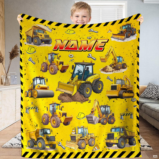 Yellow construction vehicles and caution hazard stripe border, view 1.