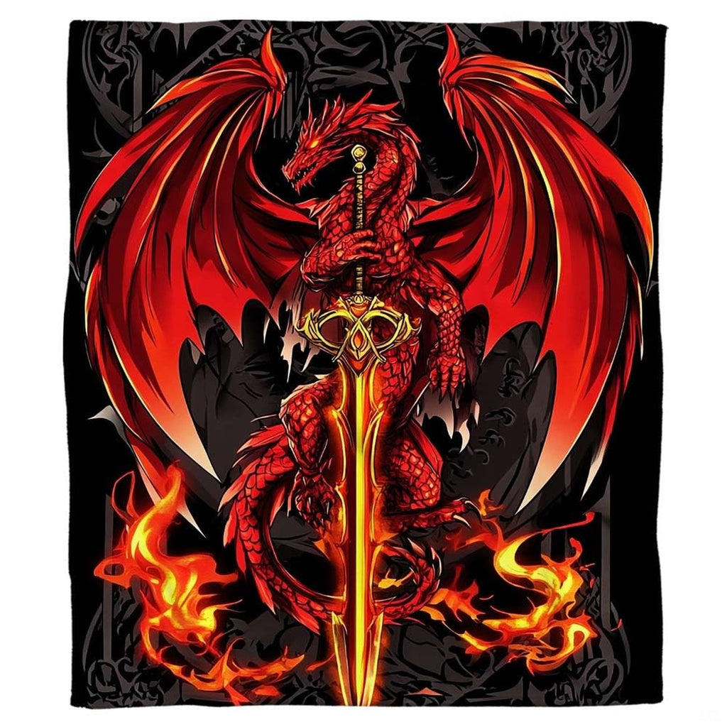Red dragon sword throw blanket displaying a fierce winged beast clinging to a glowing flaming broadsword.