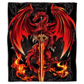 Red dragon sword throw blanket displaying a fierce winged beast clinging to a glowing flaming broadsword.