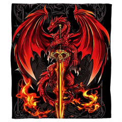 Red dragon sword throw blanket displaying a fierce winged beast clinging to a glowing flaming broadsword.