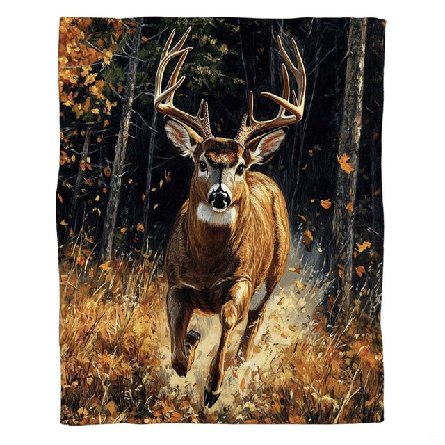 Mule deer buck bedding artwork featuring rich amber foliage and dynamic wildlife illustration.