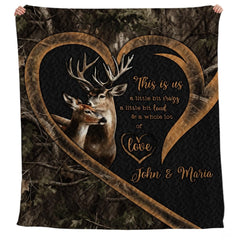 Personalized Deer Couple Inside Heart Frame Comforter with Buck
