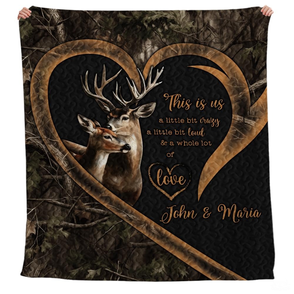 Personalized Deer Couple Inside Heart Frame Comforter with Buck