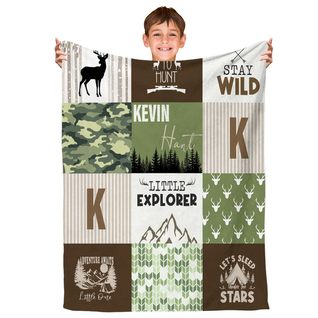 Woodland hunting camp illustration blanket flat unfolded view