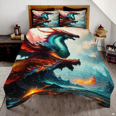 Dragon trio bedding artwork in turquoise, crimson, and orange above blue mountains