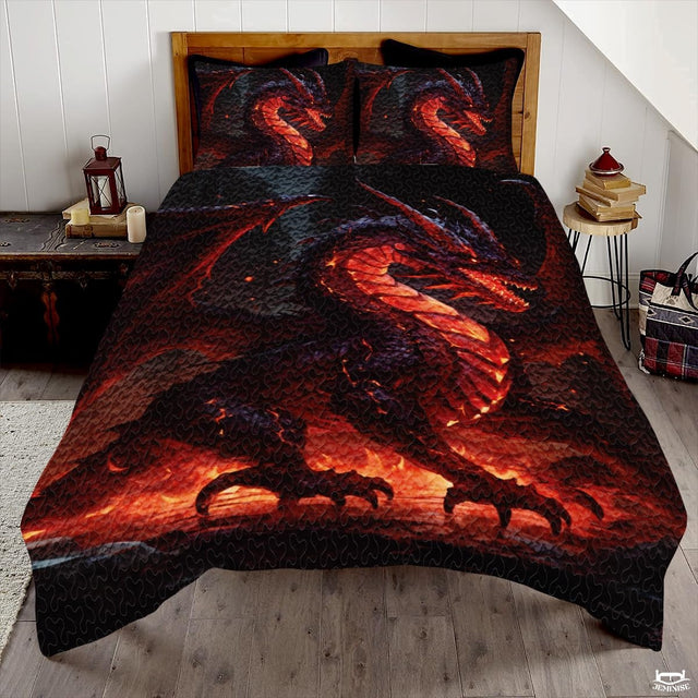 Fantasy Fire Dragon Comforter Set with Glowing Lava And Bedroom Setting