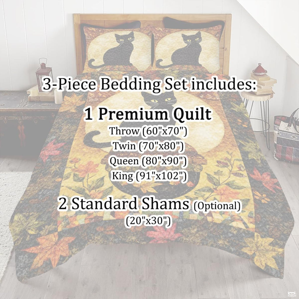 Artisan geometric patchwork frame and autumn leaf design on black cat bedding thematic accent styled in a thematic accent...
