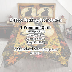Artisan geometric patchwork frame and autumn leaf design on black cat bedding thematic accent styled in a thematic accent...
