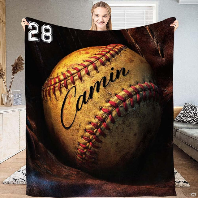 Softball in mitt sports graphic blanket unfolded flat view
