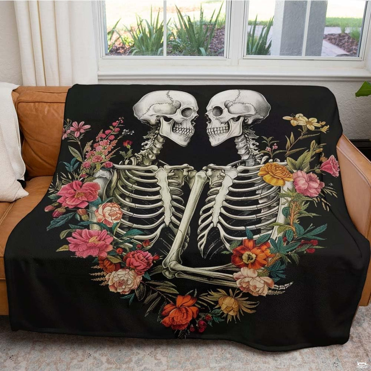 Gothic floral skeleton throw blanket view 3 highlighting skeleton couple, vibrant peonies, and black background