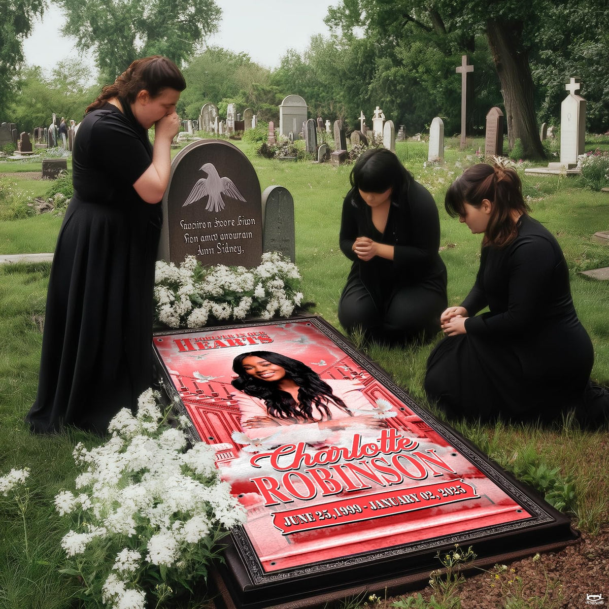 Mourners gathered in prayer beside installed celestial dove memorial blanket at cemetery site