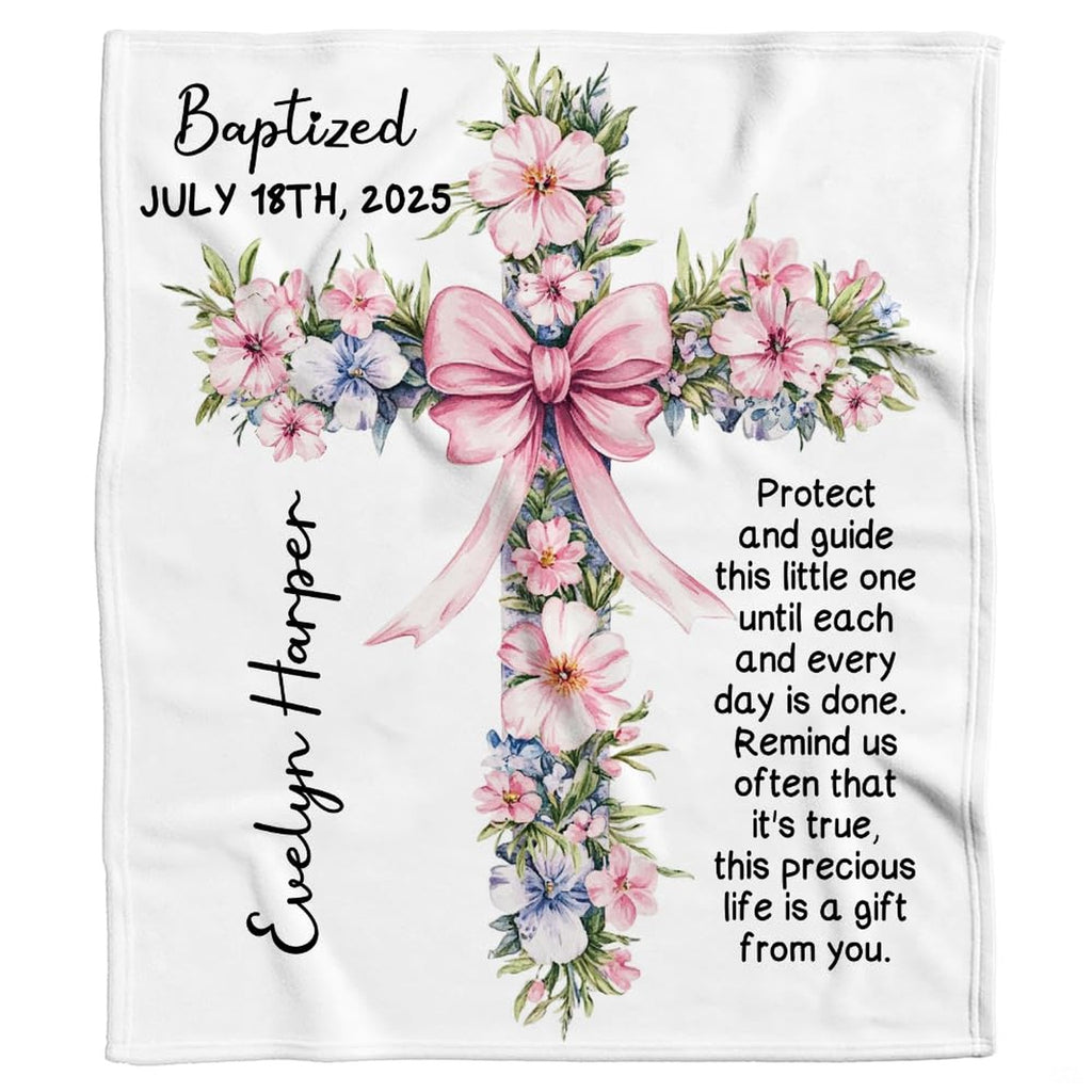 Watercolor cross bedding set featuring pink cherry blossoms and bow