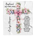 Watercolor cross bedding set featuring pink cherry blossoms and bow