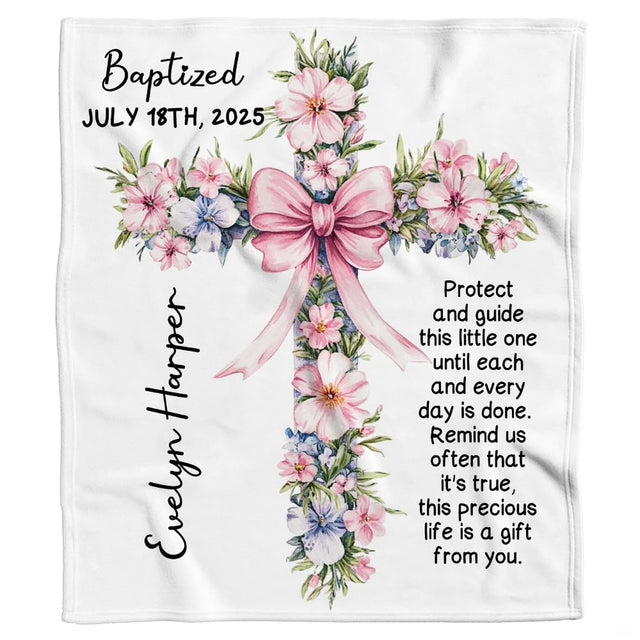 Watercolor cross bedding set featuring pink cherry blossoms and bow