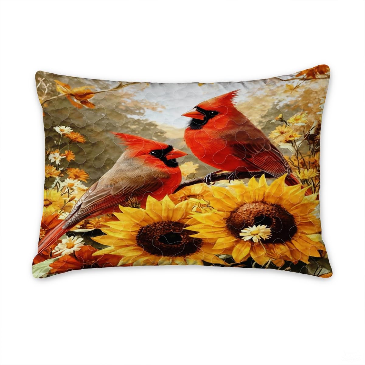 Autumn Cardinals Perched Above Large Sunflowers Quilt with Cardinal Birds