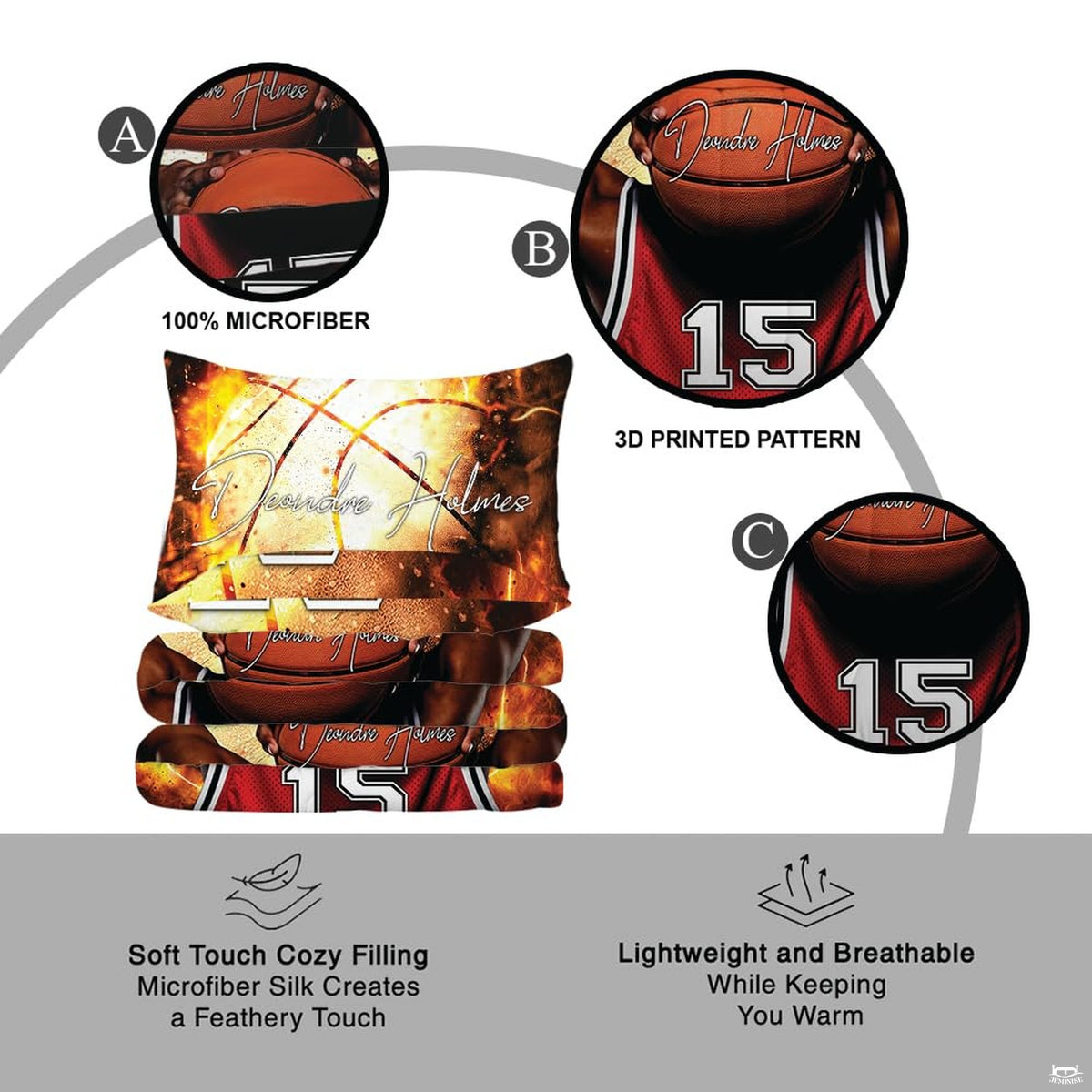 Overhead view of fiery basketball player bedding arranged neatly across an athletic youth bedroom mattress