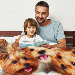 Happy Yorkie puppies collage throw blanket styled over a contemporary living room sofa