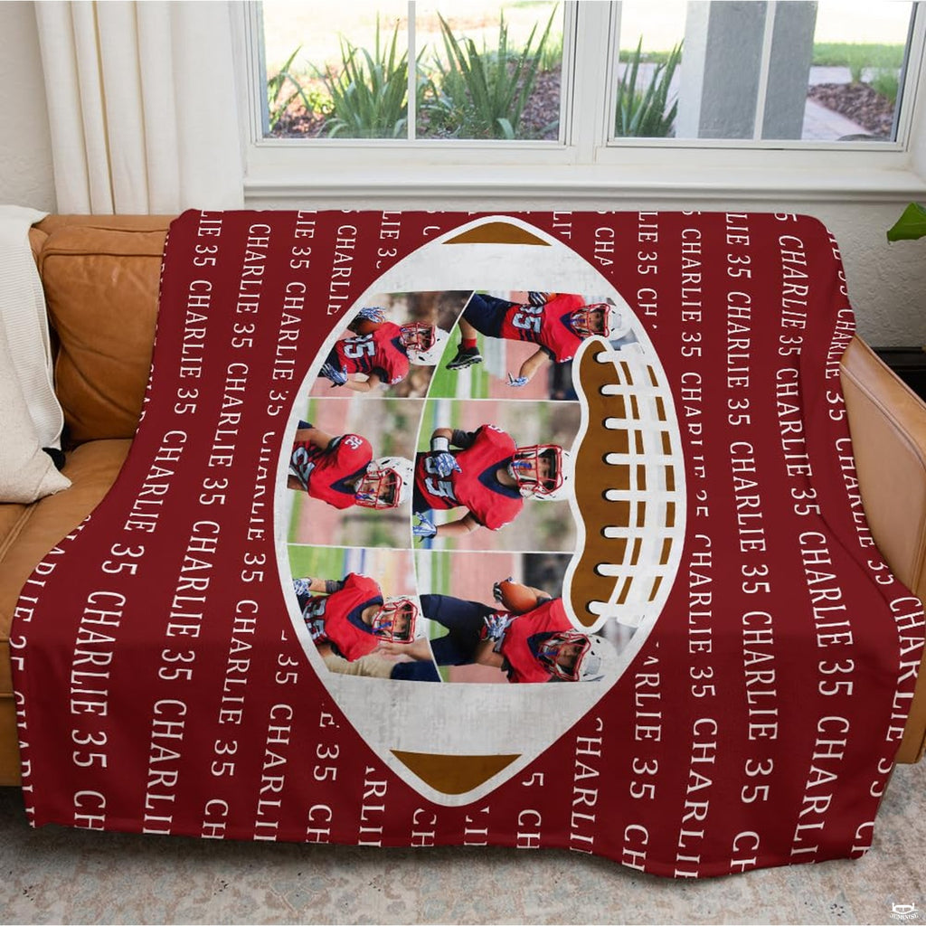 Folded athletic blanket highlighting burgundy background and white ball laces