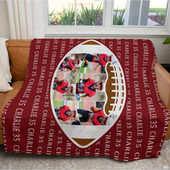 Folded athletic blanket highlighting burgundy background and white ball laces