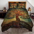 Tree of Life Art Nouveau bedding set with swirling golden branches and jewel-toned mosaic patterns for modern bedroom decor.