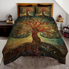 Tree of Life Art Nouveau bedding set with swirling golden branches and jewel-toned mosaic patterns for modern bedroom decor.