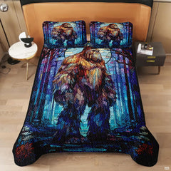 Full bedroom display of twilight pine Bigfoot bedding styled with outdoor cabin room decor accents
