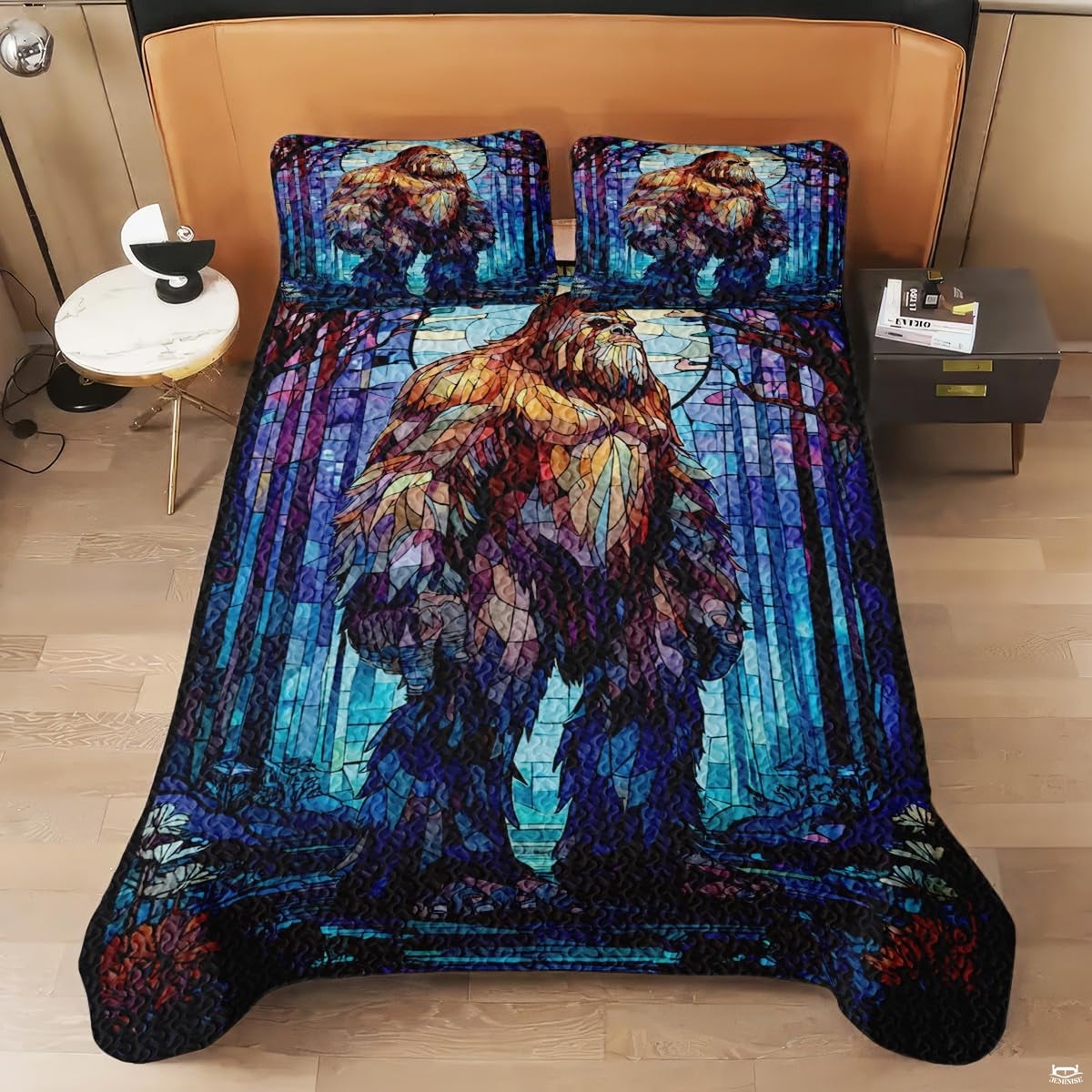 Full bedroom display of twilight pine Bigfoot bedding styled with outdoor cabin room decor accents