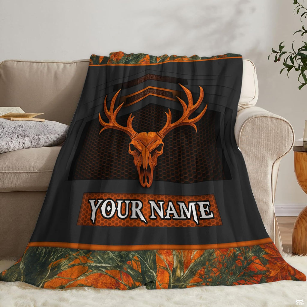 Lifestyle display of the hunting deer skull blanket in a room setting.